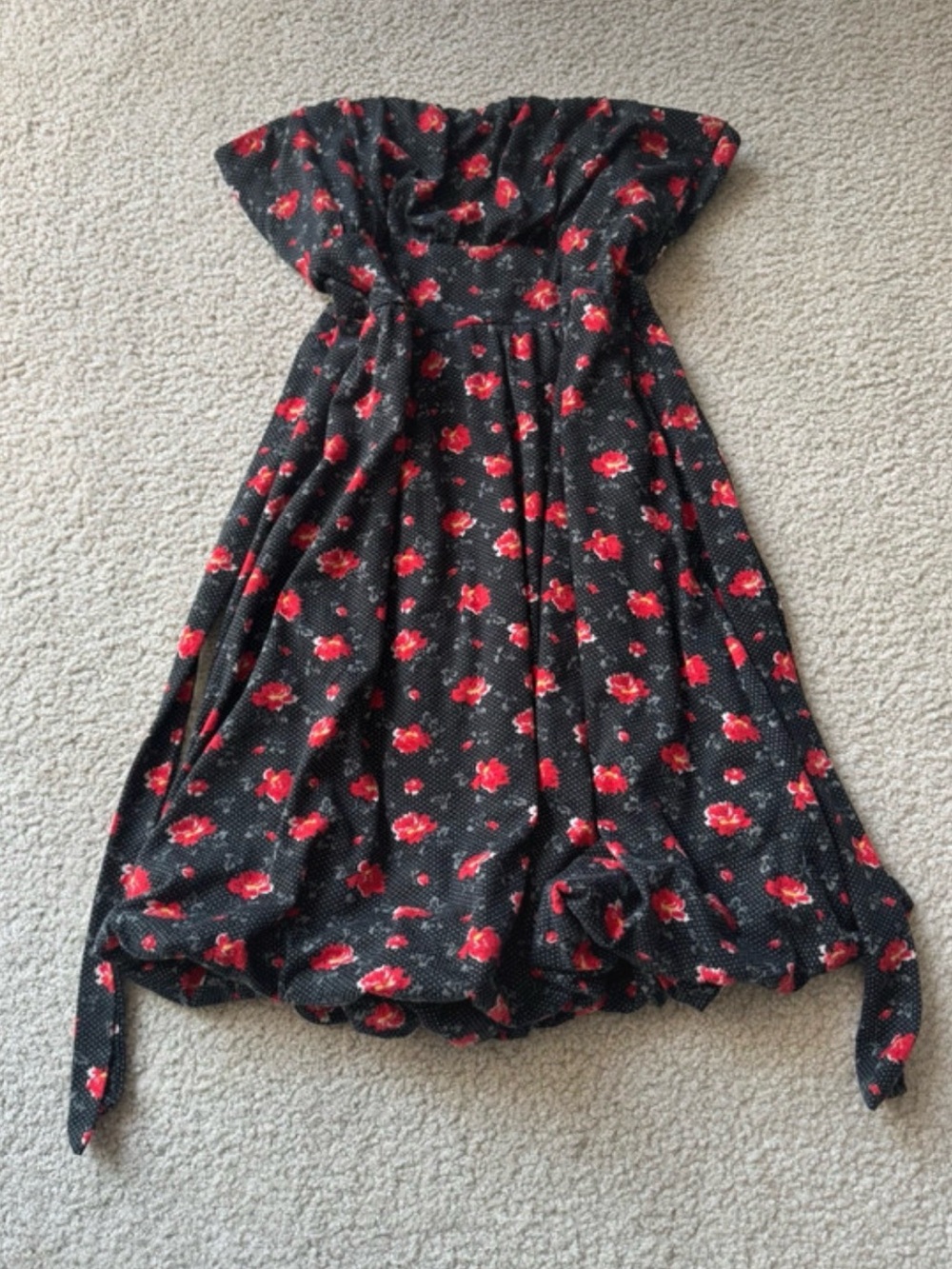 American Rag Black Strapless Midi Dress with Red Floral Print 2000s y2k